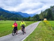 Zwei Radfahrer auf asphaltiertem Weg durch grüne Wiesen mit Bergen im Hintergrund. Gelbe Wildblumen säumen die Route am Alpe-Adria-Radweg.