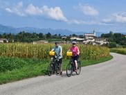 Zwei Radfahrer mit gelben Taschen auf einem asphaltierten Weg in Friaul. Maisfelder und Dorf mit Kirchturm sichtbar, Berge im Hintergrund.