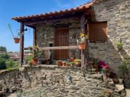Traditional stone house in Douro with terracotta roof, wooden door, covered terrace, and numerous flower pots decorating the facade and steps.