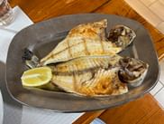 Zwei gegrillte Wolfsbarsche auf einem dunklen ovalen Teller mit Zitronenscheiben, serviert auf einem Holztisch mit Gläsern und Serviette.