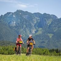 Zwei Radfahrer fahren durch eine grüne Wiese im Salzburger Land mit bewaldeten Bergen im Hintergrund unter blauem Himmel.