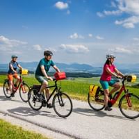 Drei Radfahrer mit gelben Packtaschen fahren auf einer asphaltierten Straße bei Buchberg. Grüne Felder und Alpenpanorama unter blauem Himmel.