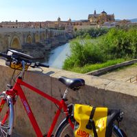 A bicycle leaning against the Roman bridge of Cordoba
