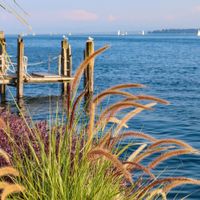 Beautifully planted shore with jetty on Lake Constance