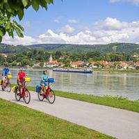 Eine Radfahrgruppe fährt entlang des Donauufers, im Hintergrund der Ort Persenbeug