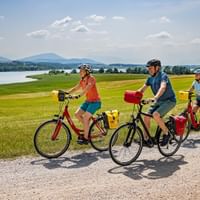 Drei Radfahrer mit Tourenrädern auf einem Schotterweg durch grüne Felder. Im Hintergrund sind ein See und Berge unter blauem Himmel sichtbar.