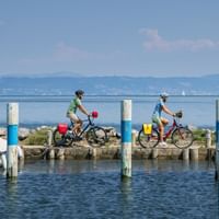Two cyclists riding along a wooden pier in Grado harbor with boats moored on both sides, mountains visible in the background under blue sky.