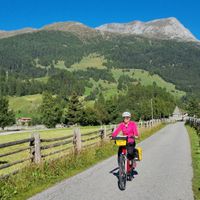 Radfahrerin auf asphaltiertem Radweg, umgeben von eingezäunten Wiesen, im Hintergrund Berge
