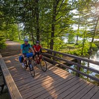 Two cyclists on a bridge in the forest at Easter Lake