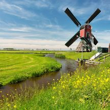 Red windmill next to a stream and surrounded by fields