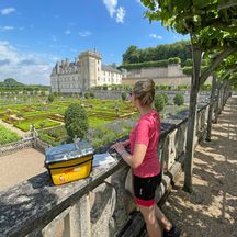 Radler mit Eurobike Lenkertasche und Reiseunterlagen blickt auf Schloss Villandry