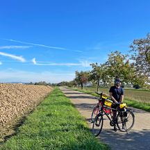 Cyclist next to a beet field against a blue sky