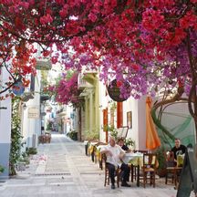 The alleys of Nafplion overgrown with pink and purple bougainvillea