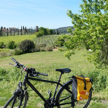 Eurobike bicycle in front of fruit trees in Tuscany