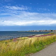 The Kattegattleden cycle path along the coast with a view of the village of Viken