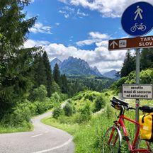 Bicycle in border area at signpost