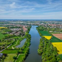 Luftaufnahme des Rheins, der durch grünes Ackerland mit gelben Rapsfeldern bei Ladenburg fließt. Ortschaften säumen beide Flussufer unter blauem Himmel.
