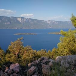 Steinmauer im Vordergrund mit Bäumen, Blick auf den blauen Golf von Gökova mit kleinen Inseln und Bergen im Hintergrund unter klarem Himmel.