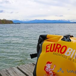Eurobike saddle bag deposited at the footbridge of Lake Starnberg