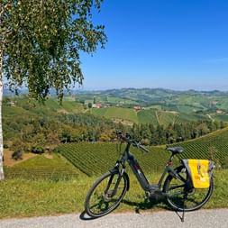 Panoramic view over vineyards near Gamlitz with an e-bike in the foreground