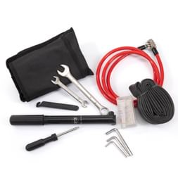 Bicycle service set with black hand pump, red air hose, spare tube, wrenches, hex keys, tire levers, and storage pouch on white background.