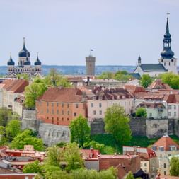 Panoramic view of Tallinn's Old Town with Alexander Nevsky Cathedral's onion domes, medieval towers, and historic buildings with red-tiled roofs.