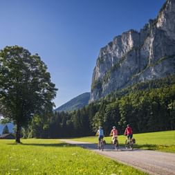 Three cyclists on a path through green meadows near Mondsee with the dramatic Drachenwand cliff rising behind them under blue sky.