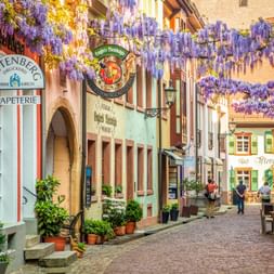 Charming cobblestone street Konviktstrasse in Freiburg with colorful historic buildings and purple wisteria blooms overhead. Pedestrians stroll past shops.