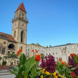 Historic tower with red roof in Passau's Old Town Hall, viewed across colorful flower beds with red, yellow, and purple blooms under blue sky.