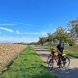 Cyclist next to a beet field against a blue sky