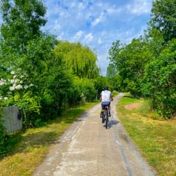 Cyclist in white shirt riding on paved path through lush green landscape with trees and flowering bushes under blue sky.