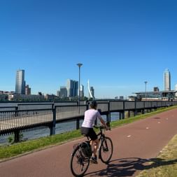 Cyclist riding along Nieuwe Maas riverside path in Rotterdam with city skyline and Erasmus Bridge visible under clear blue sky.