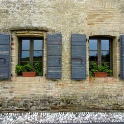 Windows with blue shutters