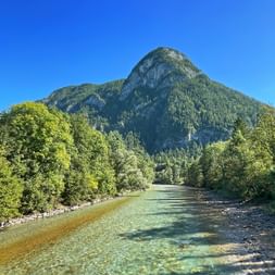 Klare Saalach fließt durch grünen Wald bei Bad Reichenhall mit dem bewaldeten Müllnerhorn unter blauem Himmel.