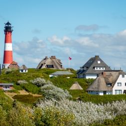 Rot-weiß gestreifter Leuchtturm Hörnum auf Sylt mit traditionellen Reetdachhäusern auf grünem Hügel unter blauem Himmel mit weißen Wolken.