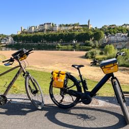 Zwei Fahrräder mit gelben Taschen am Ufer der Loire. Burg Chinon auf dem Hügel gegenüber mit Brücke und Stadt sichtbar.