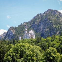 Schloss Neuschwanstein mit weißen Türmen inmitten grüner bewaldeter Berge unter blauem Himmel in Bayern, Deutschland.