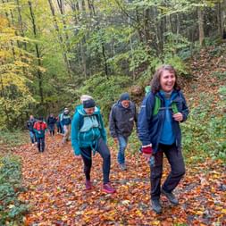 Group of hikers walking on leaf-covered forest path in autumn. The lead hiker smiles while others follow through colorful woodland.