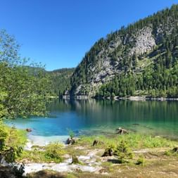 Gosausee im Salzkammergut mit türkisfarbenem Wasser, felsigen Berghängen mit Wald und einem kleinen Bach, der in den See fließt.