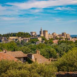 Panoramic view of Avignon with the Papal Palace and historic buildings rising above green trees under a blue sky with white clouds.