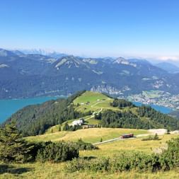 Panoramablick vom Schafberg mit grünen Almwiesen, türkisfarbenem See und Bergketten im Salzkammergut, Österreich.