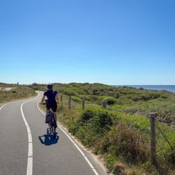Radfahrerin auf asphaltiertem Radweg entlang der Küste in Zeeland. Der Weg schlängelt sich durch grüne Küstenvegetation mit Meer rechts unter blauem Himmel.