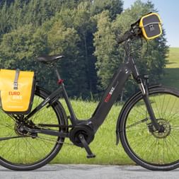 Schwarzes Eurobike Leih-E-Bike mit gelben Fahrradtaschen und Lenkertasche, am Straßenrand mit grüner Wiese und Bäumen im Hintergrund.
