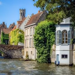 Gracht in Brügge mit efeubedeckten historischen Häusern am Wasser, einer Steinbrücke und einem Kirchturm im Hintergrund unter blauem Himmel.