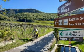 Radfahrer auf Weg bei braunen Wegweisern zum Kalterer See und Bozen. Weinberge und grüne Hügel unter blauem Himmel im Hintergrund.