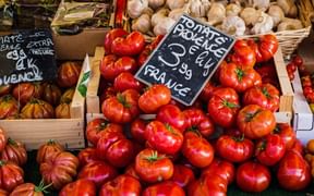 A market stall with tomatoes and garlic in Provence