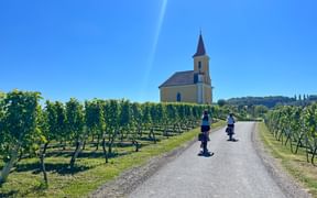 Two cyclists riding through vineyards in South Styria towards a yellow church with pointed steeple near Gamlitz under clear blue sky.