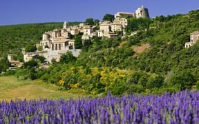 View of the village of Simiane-la-Rotonde with a lavender field in the foreground