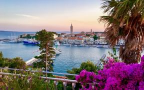 View of Rab old town harbor in Croatia with boats, church towers, and colorful buildings. Pink bougainvillea and palm trees frame the bay.