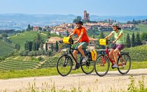 Montforte in Piedmont Cyclists on the cycle path near Montforte in the Piedmont